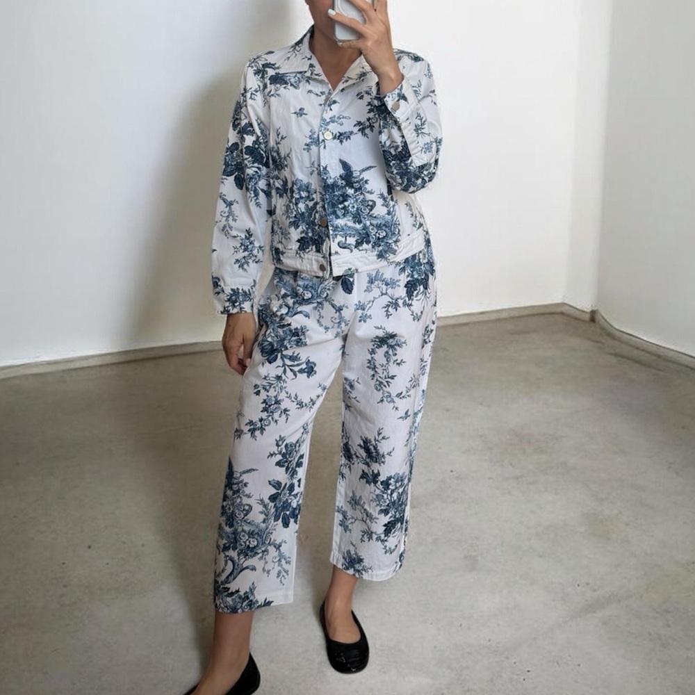 Vintage Denim White and Blue Print Pants and Jacket Set